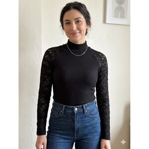 Nikibiki Womens Mock Neck Ribbed Lace Long Sleeve Top Black O/S